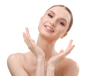 Photo of Portrait of beautiful young woman on white background