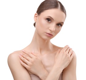 Photo of Portrait of beautiful young woman on white background