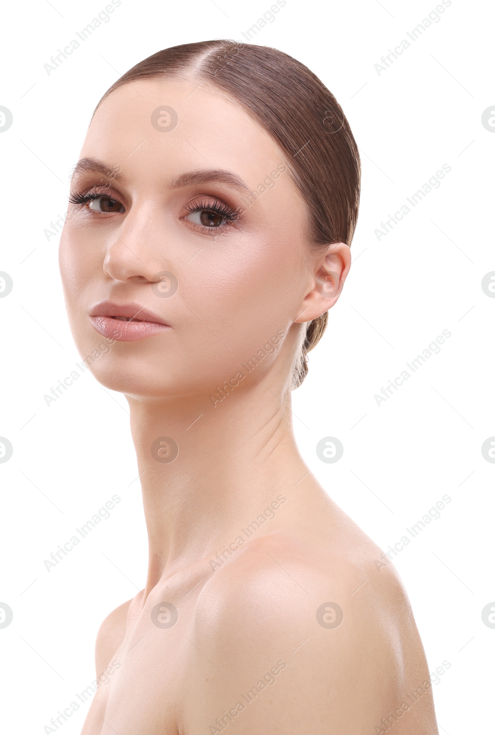 Portrait of beautiful young woman on white background Photo of Portrait of beautiful young woman on white background