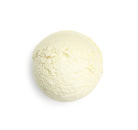 Photo of One scoop of delicious ice cream on white background, top view