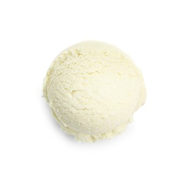 Photo of One scoop of delicious ice cream on white background, top view