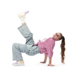 Photo of Girl in stylish clothes and sunglasses dancing on white background