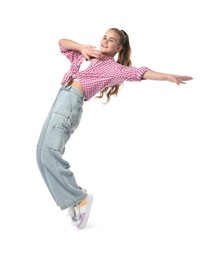 Photo of Girl in stylish clothes dancing on white background