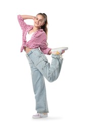Photo of Girl in stylish clothes dancing on white background