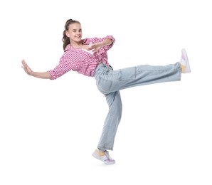 Photo of Girl in stylish clothes dancing on white background