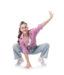 Photo of Girl in stylish clothes dancing on white background