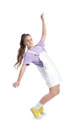 Photo of Girl in stylish clothes dancing on white background