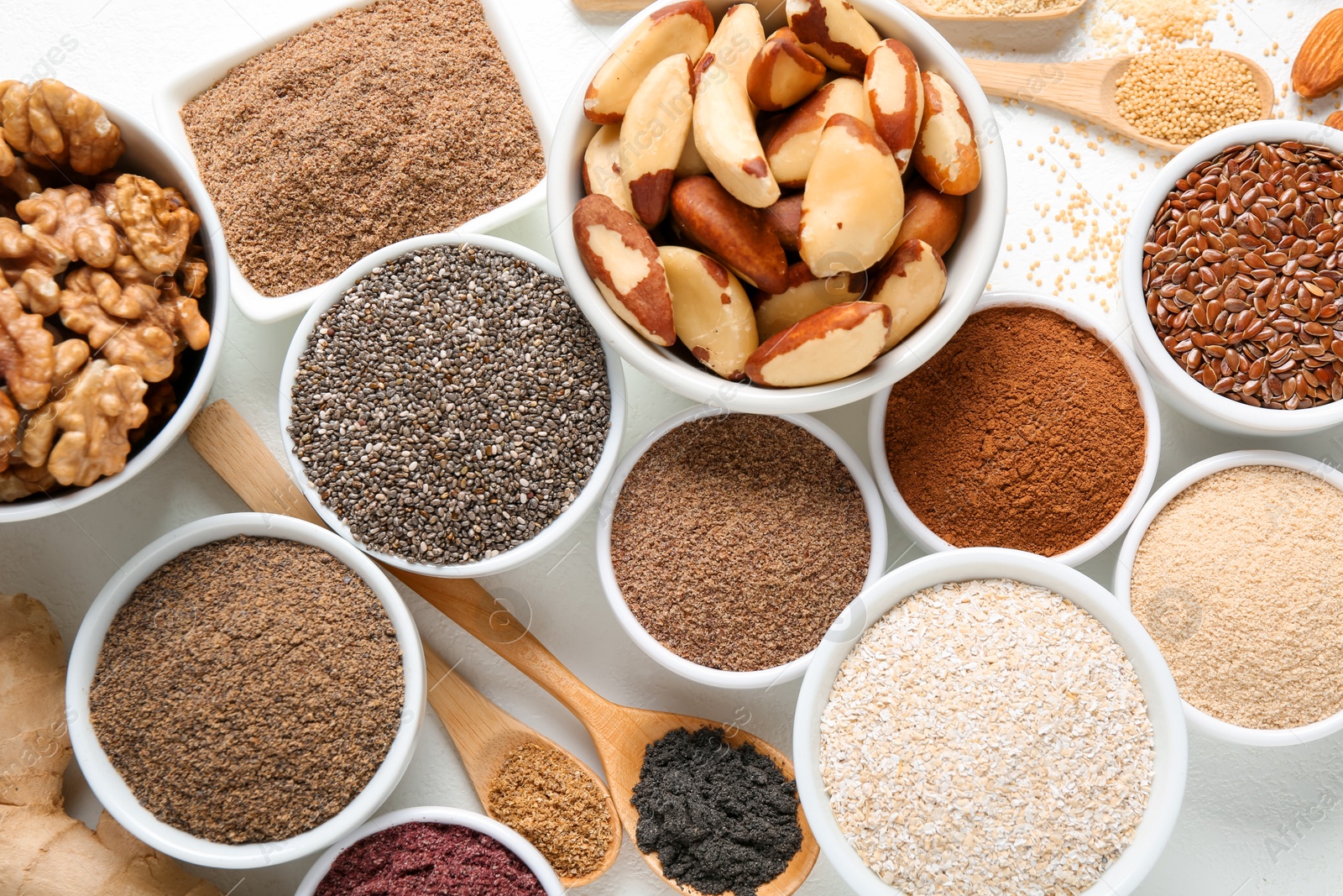 Different superfoods on white background, flat lay Photo of Different superfoods on white background, flat lay