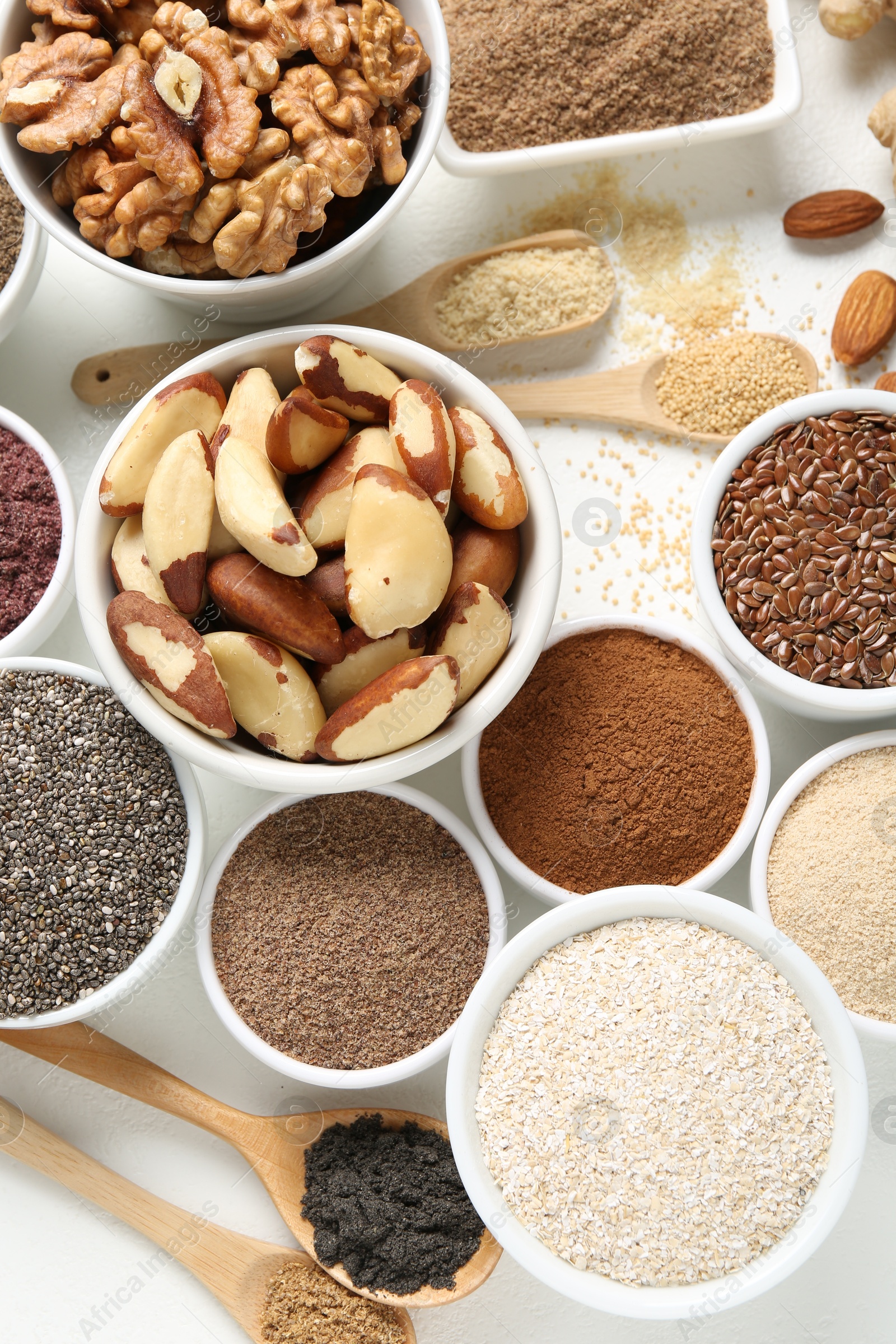 Different superfoods on white background, flat lay Photo of Different superfoods on white background, flat lay