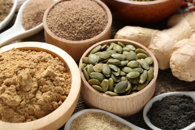 Photo of Many different superfood products on table, closeup
