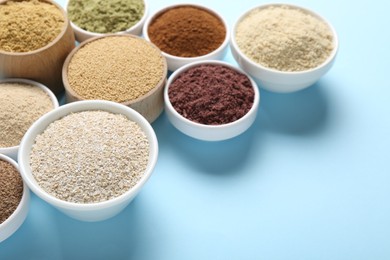 Photo of Different superfood powders in bowls on light blue background, closeup. Space for text