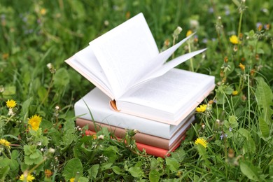 Photo of Stacked books on green grass outdoors, closeup
