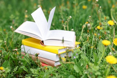 Photo of Stacked books on green grass outdoors, closeup