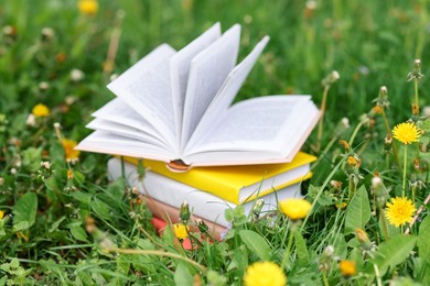 Photo of Stacked books on green grass outdoors, closeup