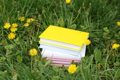 Photo of Stacked books on green grass outdoors, closeup