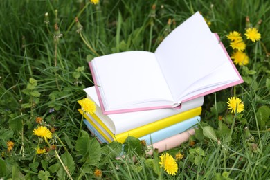 Photo of Stacked books on green grass outdoors, closeup