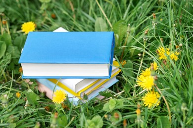 Photo of Stacked books on green grass outdoors, closeup