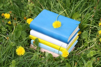 Photo of Stacked books on green grass outdoors, closeup