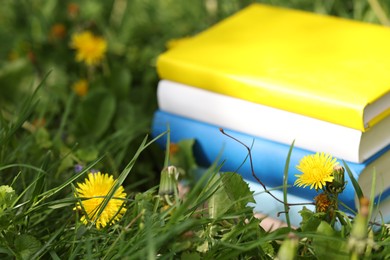 Photo of Stacked books on green grass outdoors, closeup. Space for text