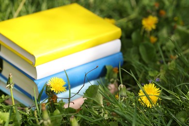 Photo of Stacked books on green grass outdoors, closeup. Space for text