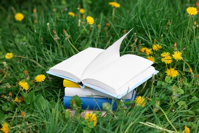Photo of Different stacked books on green grass outdoors