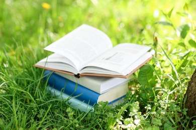 Photo of Different stacked books on green grass outdoors