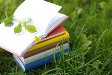 Photo of Stacked books on green grass outdoors, closeup. Space for text