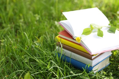 Photo of Stacked books on green grass outdoors, closeup. Space for text