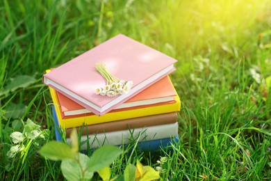 Photo of Stacked books with chamomile flowers on green grass outdoors