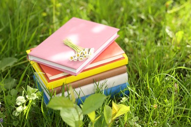 Photo of Stacked books with chamomile flowers on green grass outdoors