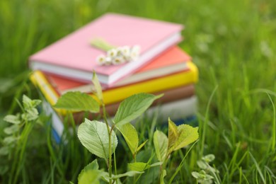 Photo of Stacked books on green grass outdoors, closeup