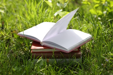 Photo of Stacked books on green grass outdoors, closeup