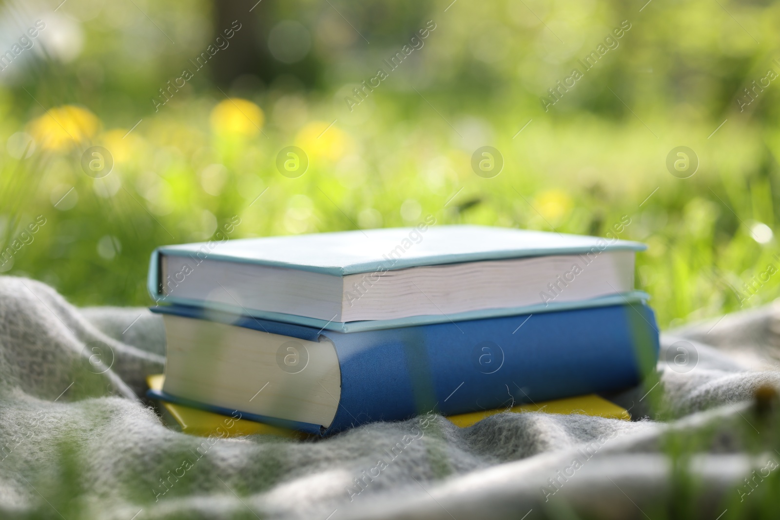 Stacked books and blanket on green grass outdoors, closeup Photo of Stacked books and blanket on green grass outdoors, closeup