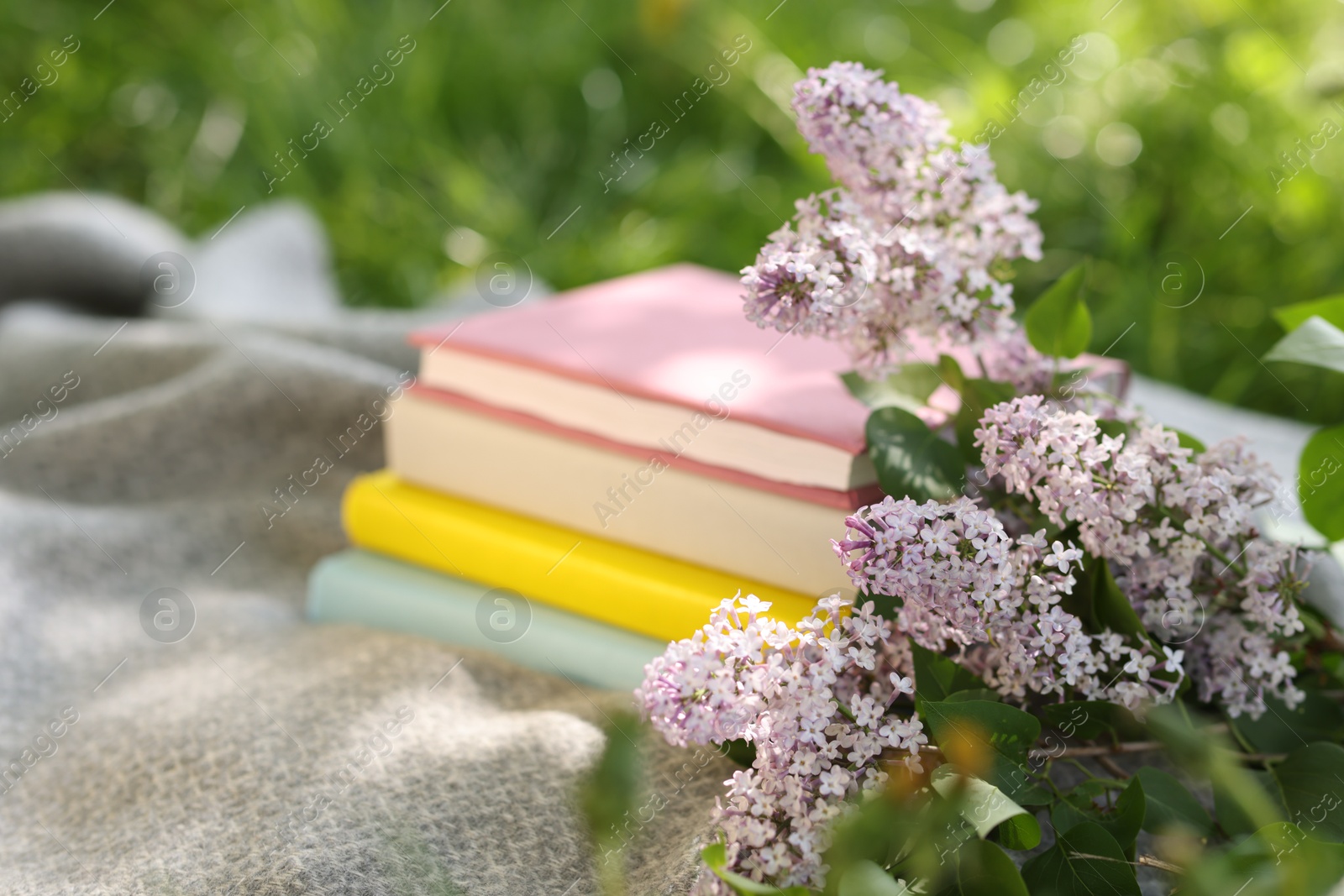 Stacked books, lilac flowers and blanket on green grass outdoors, closeup Photo of Stacked books, lilac flowers and blanket on green grass outdoors, closeup