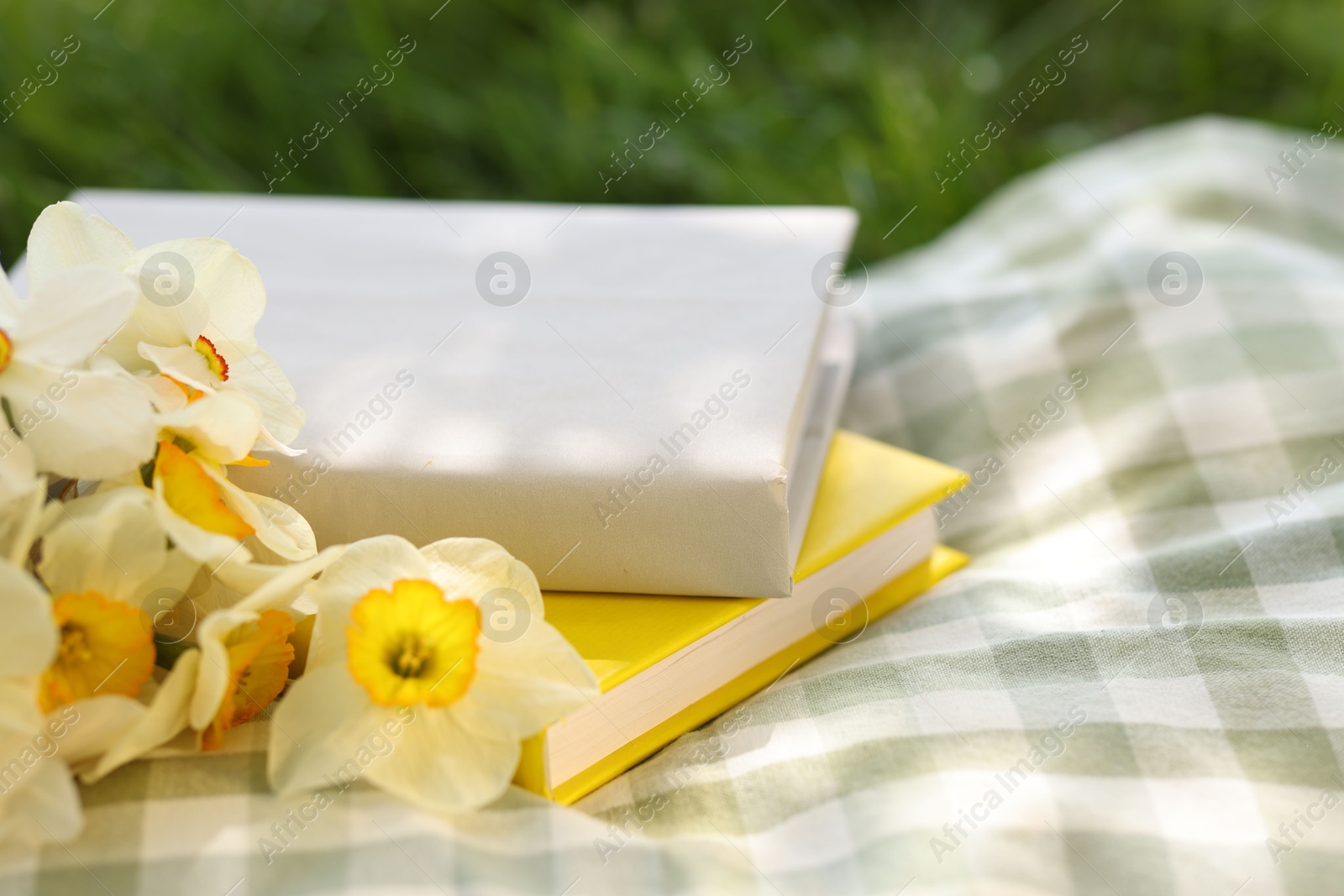 Stacked books, daffodil flowers and blanket on green grass outdoors, closeup Photo of Stacked books, daffodil flowers and blanket on green grass outdoors, closeup