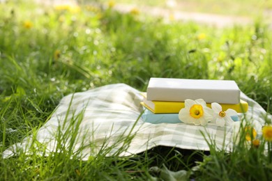 Photo of Stacked books, daffodil flowers and blanket on green grass outdoors