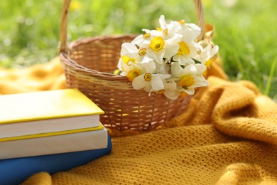 Photo of Stacked books, blanket and wicker basket with daffodil flowers on green grass outdoors, closeup