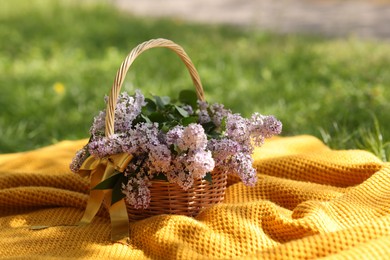 Photo of Wicker basket with lilac flowers on blanket outdoors
