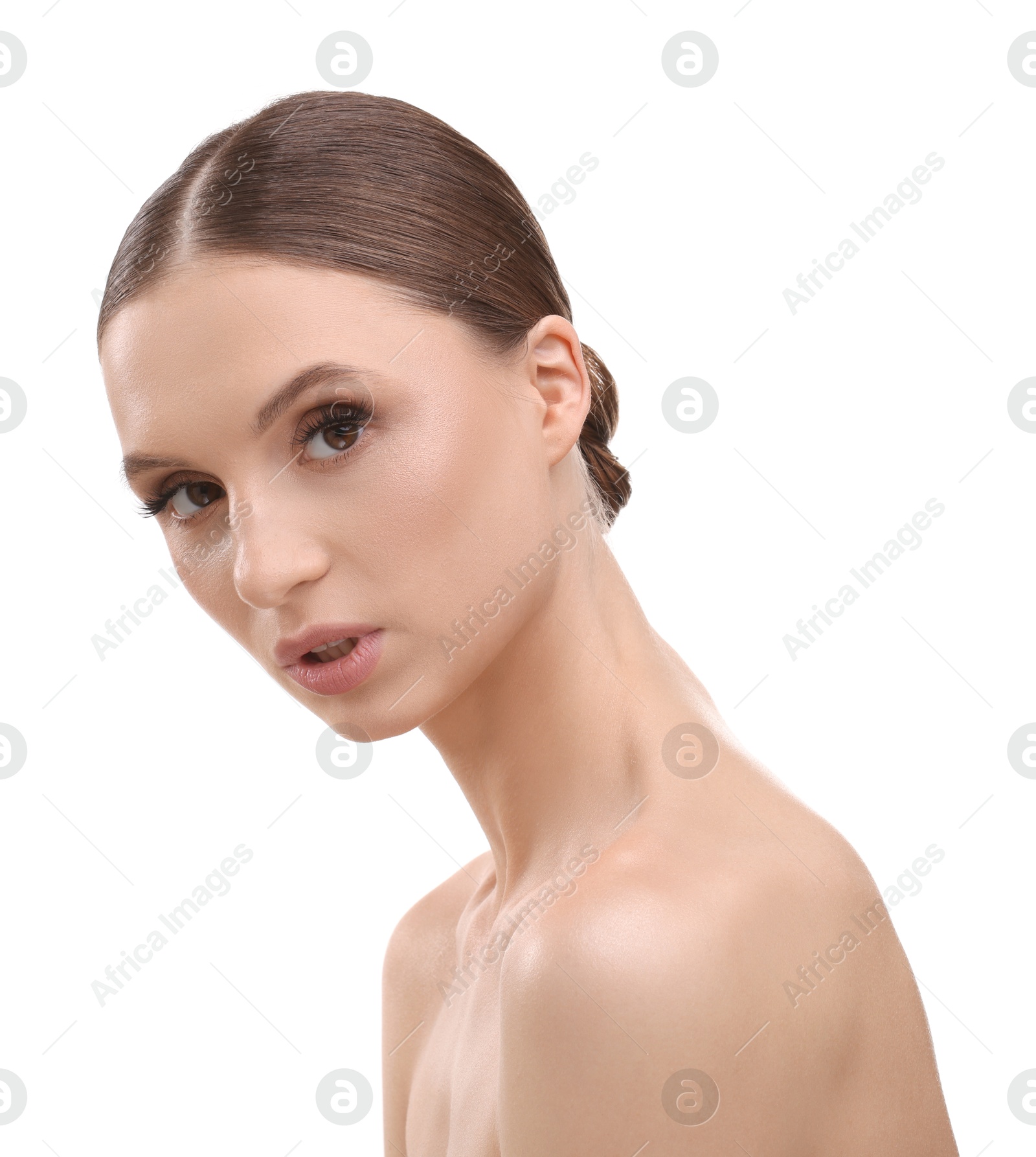 Portrait of beautiful young woman on white background Photo of Portrait of beautiful young woman on white background