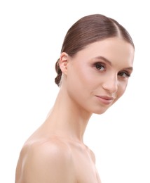 Photo of Portrait of beautiful young woman on white background