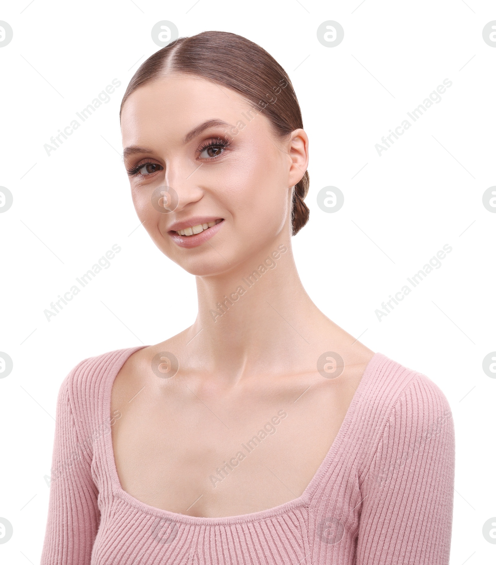 Portrait of beautiful young woman on white background Photo of Portrait of beautiful young woman on white background
