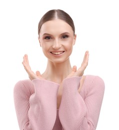 Photo of Portrait of beautiful young woman on white background