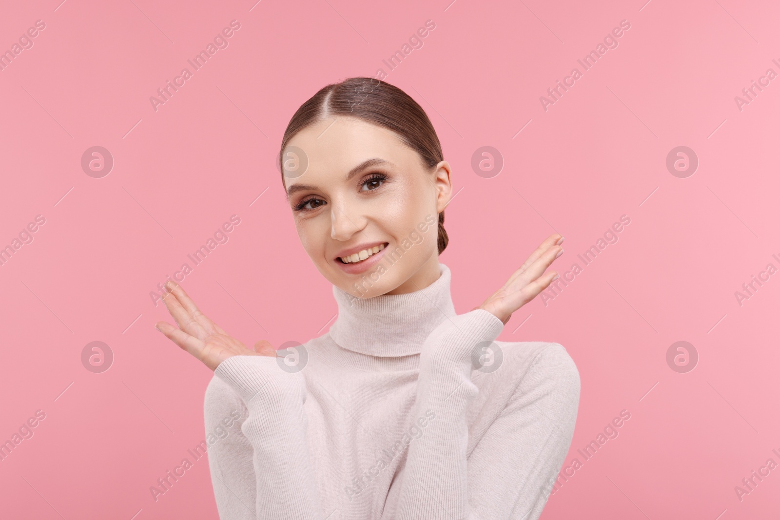 Portrait of beautiful young woman on pink background, Photo of Portrait of beautiful young woman on pink background,