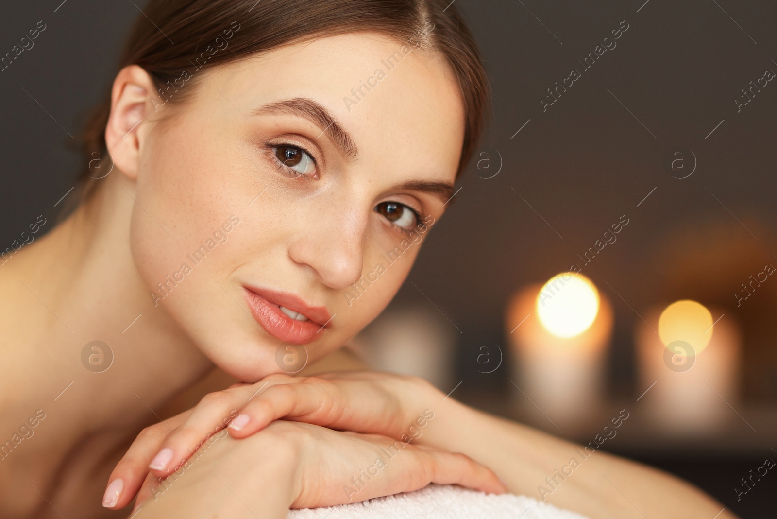 Beautiful woman relaxing in spa salon, closeup Photo of Beautiful woman relaxing in spa salon, closeup