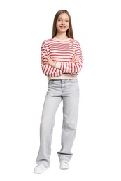 Photo of Full length portrait of teenage girl on white background