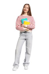Photo of Teenage girl with notebooks on white background