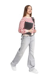 Photo of Teenage girl with laptop and backpack on white background
