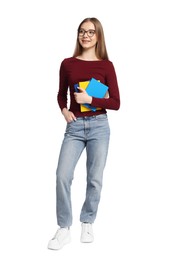 Photo of Teenage girl with books on white background