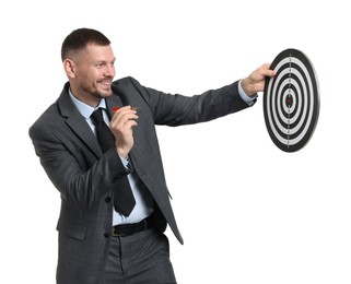 Photo of Targeting. Man with dart board and arrow on white background