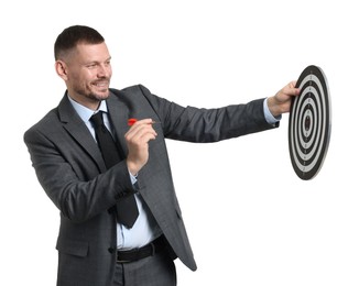 Photo of Targeting. Man with dart board and arrow on white background